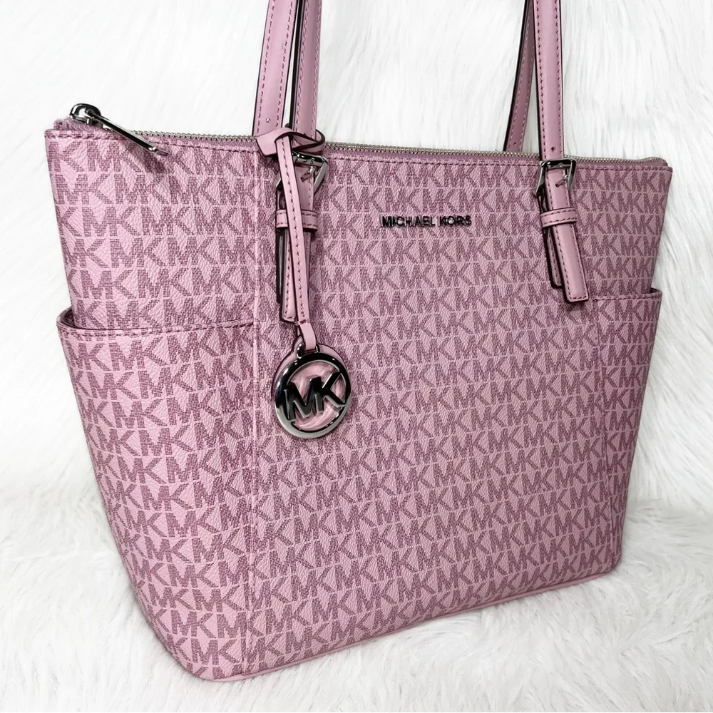 SOLD-Michael Kors Pink MK Logo Zip Top Shoulder Jet Set East West Tote Bag Med - Picture 4 of 9